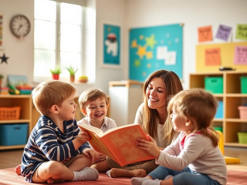 Educator reading with young children in a bright classroom