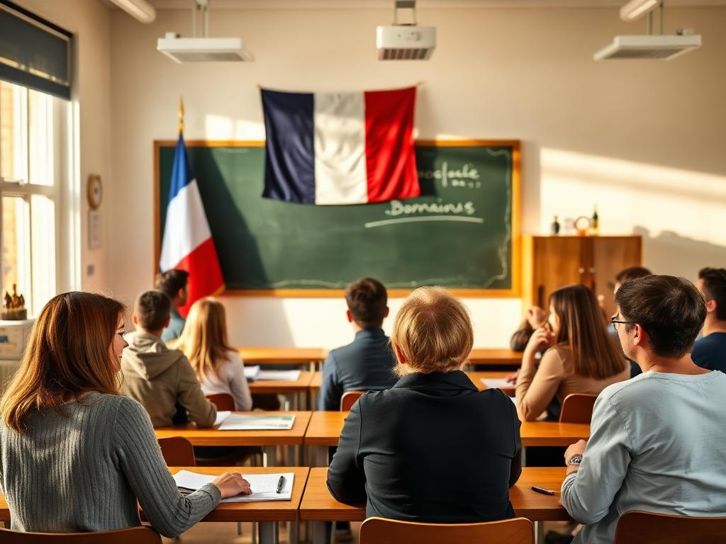 Adult students learning French in a bright classroom