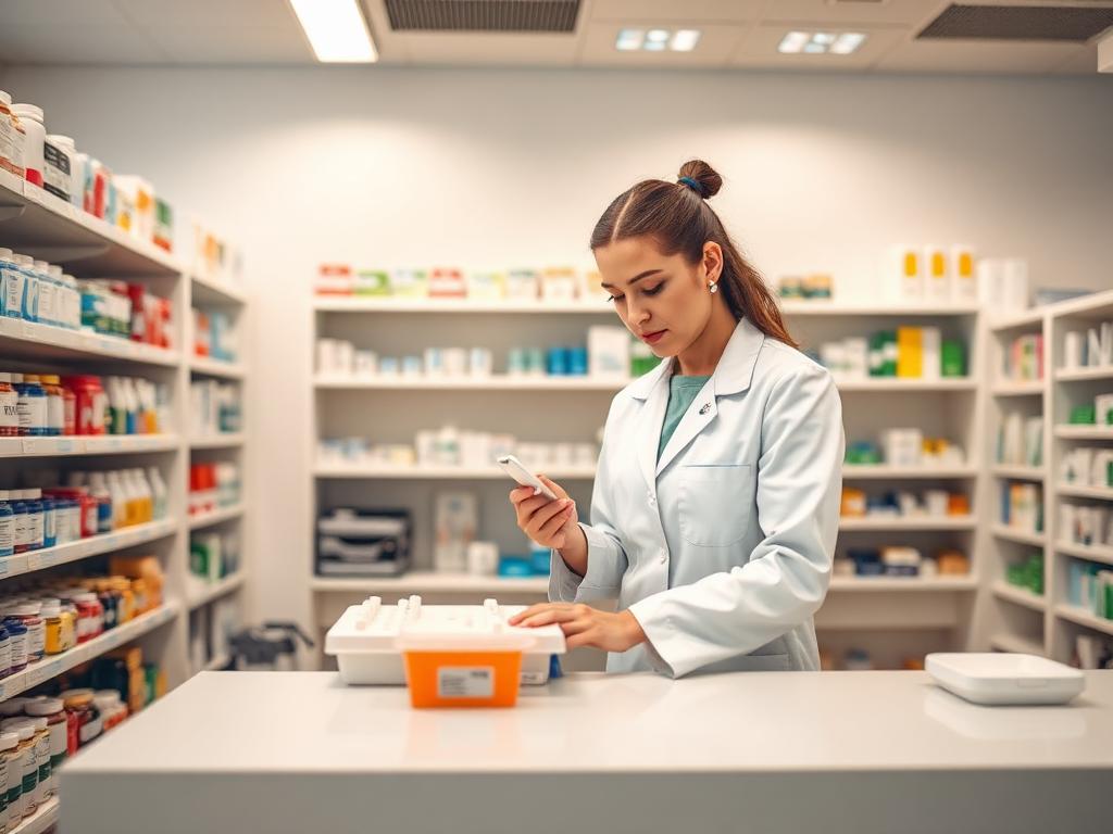 Pharmacy assistant organizing medication behind a modern counter